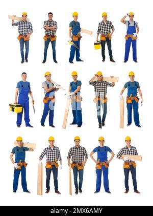 Collage of handsome carpenter on white background Stock Photo