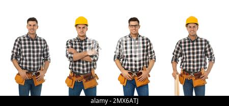 Collage of handsome carpenter on white background Stock Photo