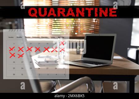 Workplace with laptop at home and calendar. Quarantine during coronavirus outbreak Stock Photo