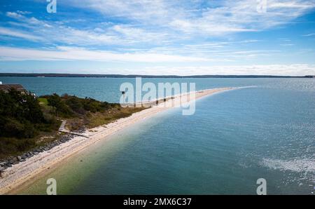 Drone view of Peconic Bay and Great PEconic Bay coming together at Nassau Point off the coast of Long Islands Noth Fork. Stock Photo