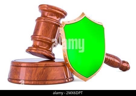 Wooden Gavel with shield, 3D rendering isolated on white background Stock Photo