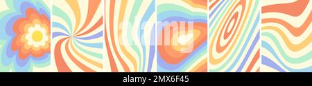 Retro groovy distorted rainbow art poster set. Psychedelic hippie style colorful twisted backgrounds with distortion. Vintage hippy flower and heart abstract eps banners. Trendy y2k pop culture bright Stock Vector
