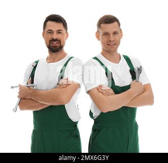 Portrait of professional auto mechanics on white background Stock Photo