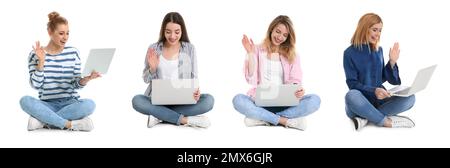 Collage of women with laptops on white background. Banner design Stock Photo