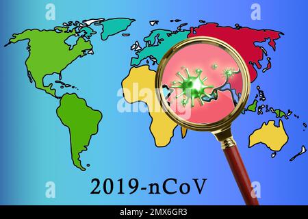 Magnifying glass and illustration of world map. Coronavirus outbreak Stock Photo