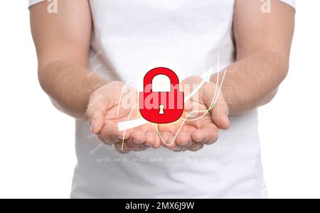 Cyber crime protection. Man demonstrating digital lock symbol, closeup Stock Photo