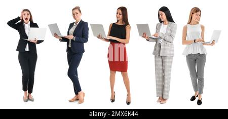 Collage of women with laptops on white background. Banner design Stock Photo