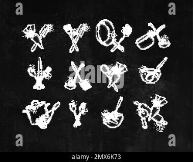 Kitchen appliances to prepare food and bakery drawing in graphic style on black background Stock Vector
