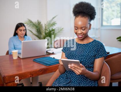 Two women in business, boardroom meeting preparation in diverse office Stock Photo