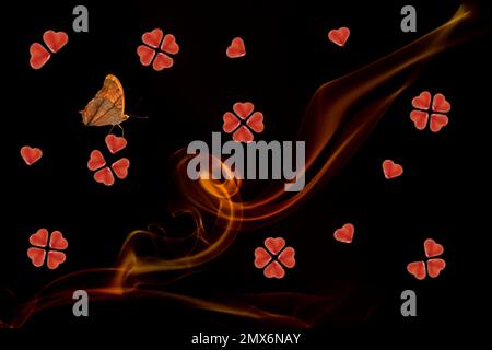 Biscuits in heart shape, line of smoke an a butterfly on a black background Stock Photo