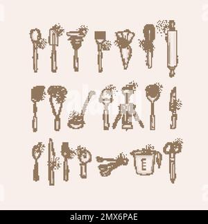 Kitchen utensils to prepare food and bakery drawing in graphic style on beige background Stock Vector