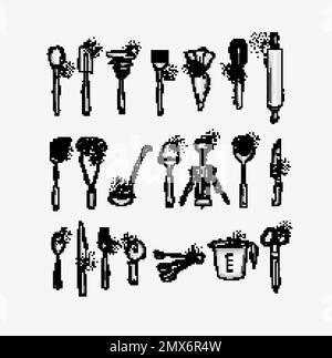 Kitchen utensils to prepare food and bakery drawing in graphic style on grey background Stock Vector