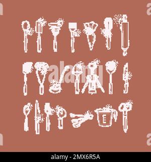 Kitchen utensils to prepare food and bakery drawing in graphic style on coral background Stock Vector