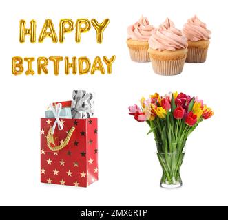 Set of different birthday items on white background Stock Photo