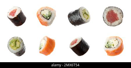 Set of different delicious sushi rolls on white background Stock Photo