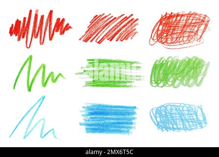 Collage of color drawn pencil scribbles on white background Stock Photo