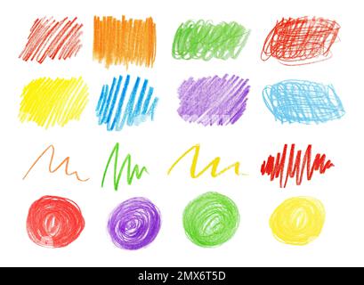 Collage of color drawn pencil scribbles on white background Stock Photo