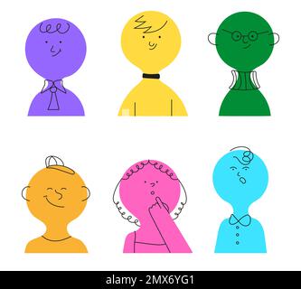 Colorful cute children face set vector. Funny toldder heads smiling, happy. Children stickers pack for social media. Stock Vector