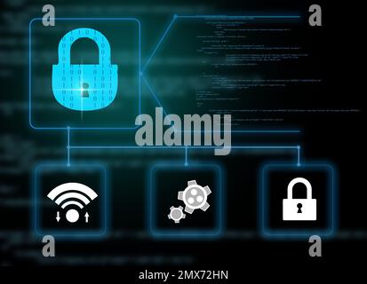 Cyber attack prevention. Icons and binary code on background Stock Photo