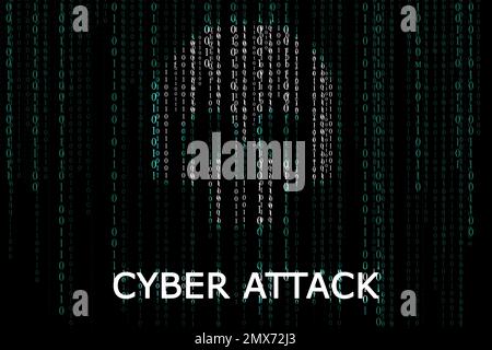 Skull on digital binary code background. Cyber attack prevention concept Stock Photo