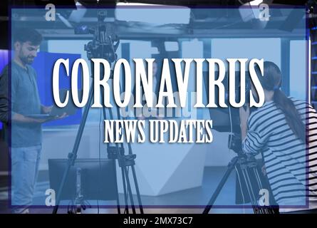 Presenter, director and video camera operator working in studio. Coronavirus pandemic - latest updates Stock Photo