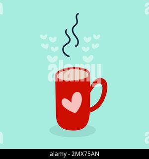 Happy Valentine's Day. Steaming cup of coffee with heart shapes. Hand drawn doodle. Vector illustration, flat design Stock Vector