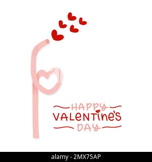 Happy Valentine's Day. Drinking straw with heart shapes and lettering. Hand drawn doodle. Vector illustration, flat design Stock Vector
