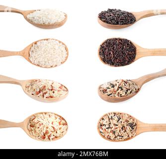 Set with different types of rice in spoons on white background Stock Photo