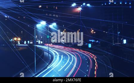 Night cityscape and network connection lines. Cloud technology Stock Photo