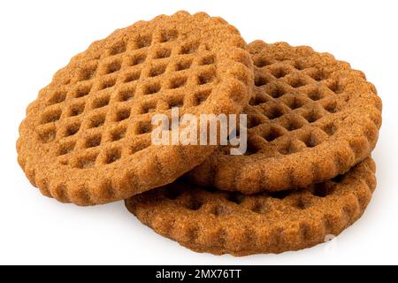 Pile of three plain round caramel lattice biscuits isolated on white. Stock Photo