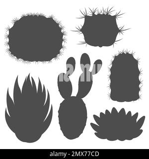 Set of black and white illustrations with cactus and succulent. Isolated vector objects on a white background. Stock Vector