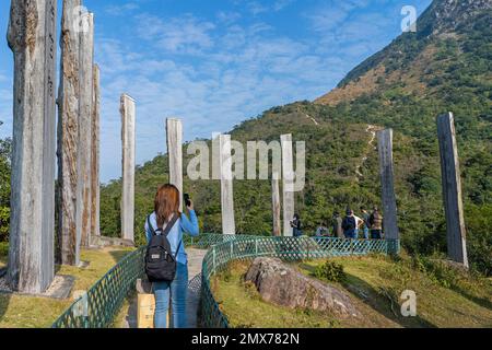 Hong Kong, Lantau Island - The Wisdom Path is a monument  of 38 wooden columns on which verses from the centuries-old Heart Sutra have been carved Stock Photo