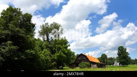 Unusual colored old metal roof on barn has turned orange yellow.  Barn is faded and weathered with age.  Farm scene includes barn and home place. Stock Photo