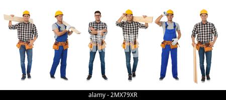 Collage of handsome carpenter on white background Stock Photo