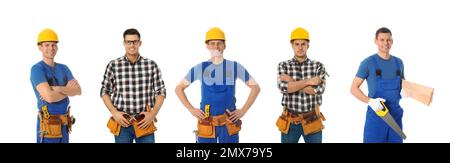 Collage of handsome carpenters on white background Stock Photo