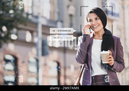 People search by facial recognition. Woman outdoors with scanner frame on face and her private information Stock Photo
