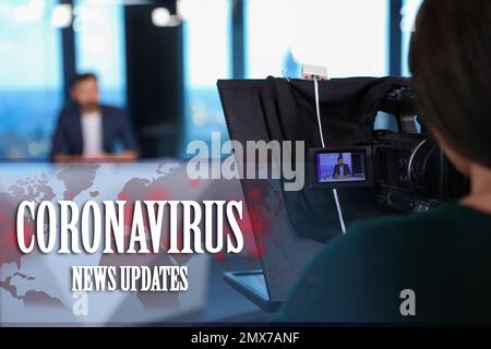 Presenter and video camera operator working in studio. Coronavirus pandemic - latest updates Stock Photo