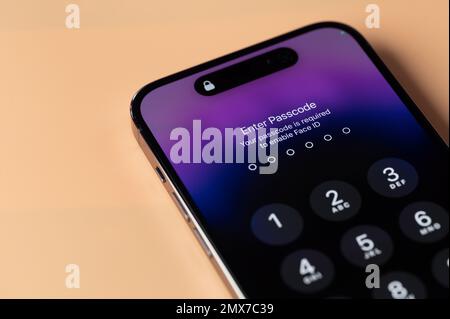 New york, USA - January 28, 2022: Face id lock on Iphone 14 pro in smartphone screen close up view Stock Photo