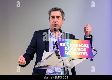 French deputy François Ruffin gives a speech at a rally of the Nouvelle Union populaire écologique et sociale (NUPES) against the pension reform. Stock Photo