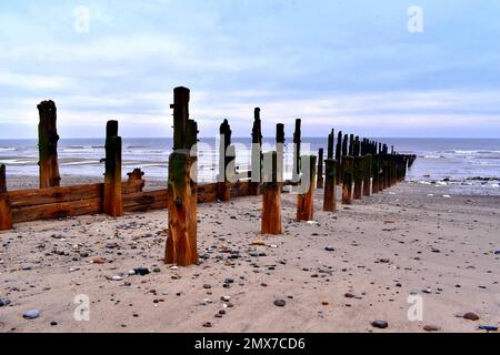 Groynes on Spurn Point Beach Stock Photo