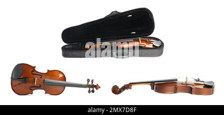 Set of classic violins on white background Stock Photo