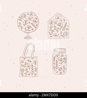Icons globe, envelope, hand bag, jar of jam with flowers drawing on peach background Stock Vector