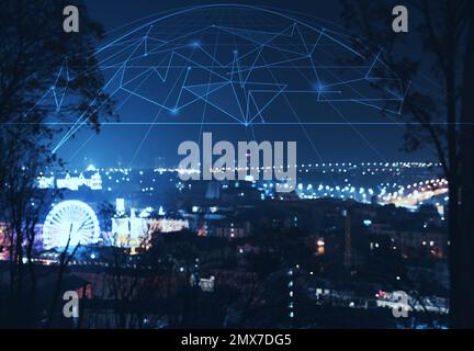 Night cityscape and network connection lines. Cloud technology Stock Photo