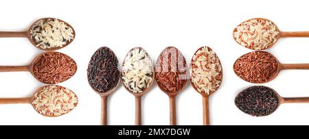 Set with different types of rice in spoons on white background, top view. Banner design Stock Photo