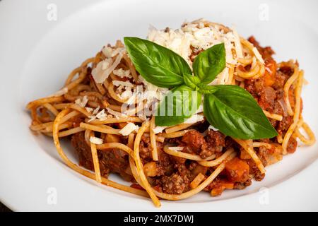 spaghetti bolognaise on a white plate Stock Photo