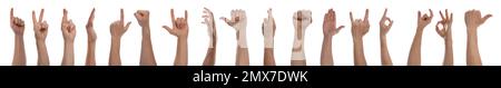 Collage with  man showing different gestures on white background, closeup view of hands. Banner design Stock Photo