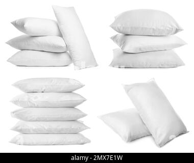 Collage of different soft pillows on white background Stock Photo