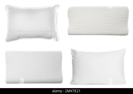 Collage of different soft pillows on white background Stock Photo