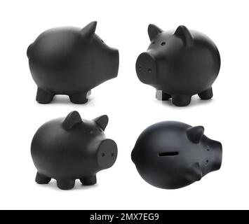 Set with black piggy bank on white background Stock Photo