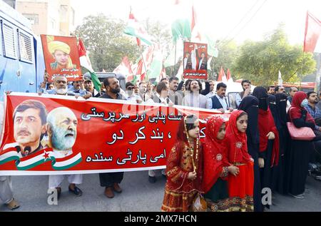 Members of Pashtunkhwa Milli Awami Party are holding protest demonstration against suicidal bomb blast at a mosque in Police Line Headquarters Peshawar, held at Karachi press club on Thursday, February 02, 2023. Stock Photo